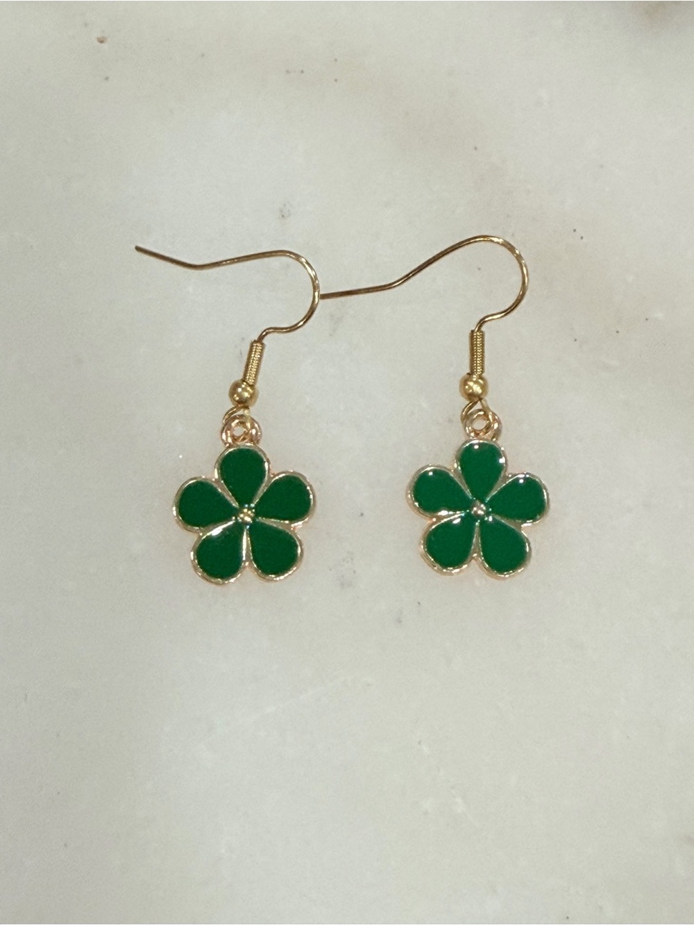 Gold and Green Flower Drop Earrings Hand Painted Enamel Jewelry